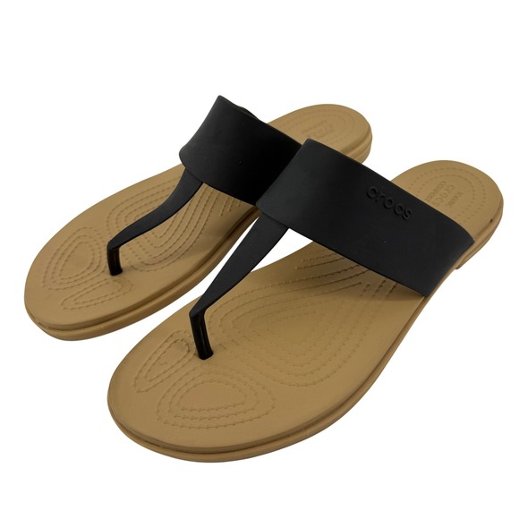 CROCS Shoes - Crocs Tulum Flip Flop Sandal Tan Black Women 11 Slip On Casual Comfy Beach Vacay